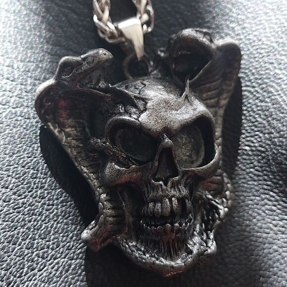 Skull Double Snake Stainless Steel Unisex Pendant Necklace - Picture 7 of 9
